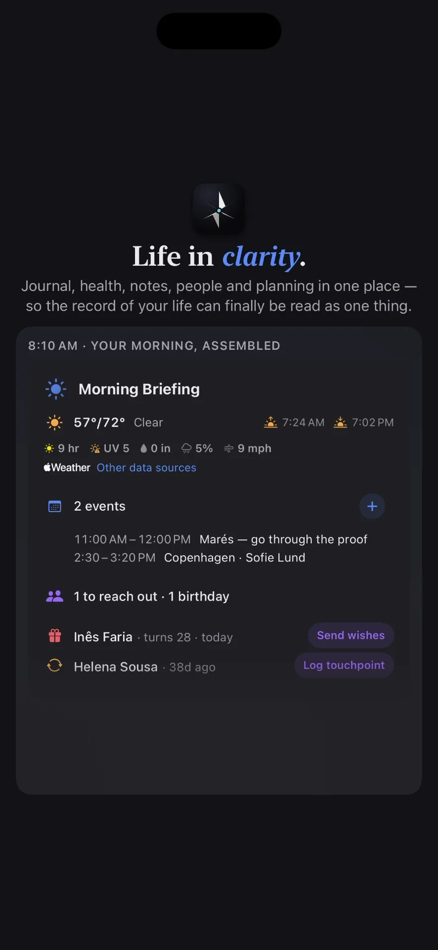 Clarivio’s morning briefing at 8:10: the weather, two events, one birthday and one person to reach out to.