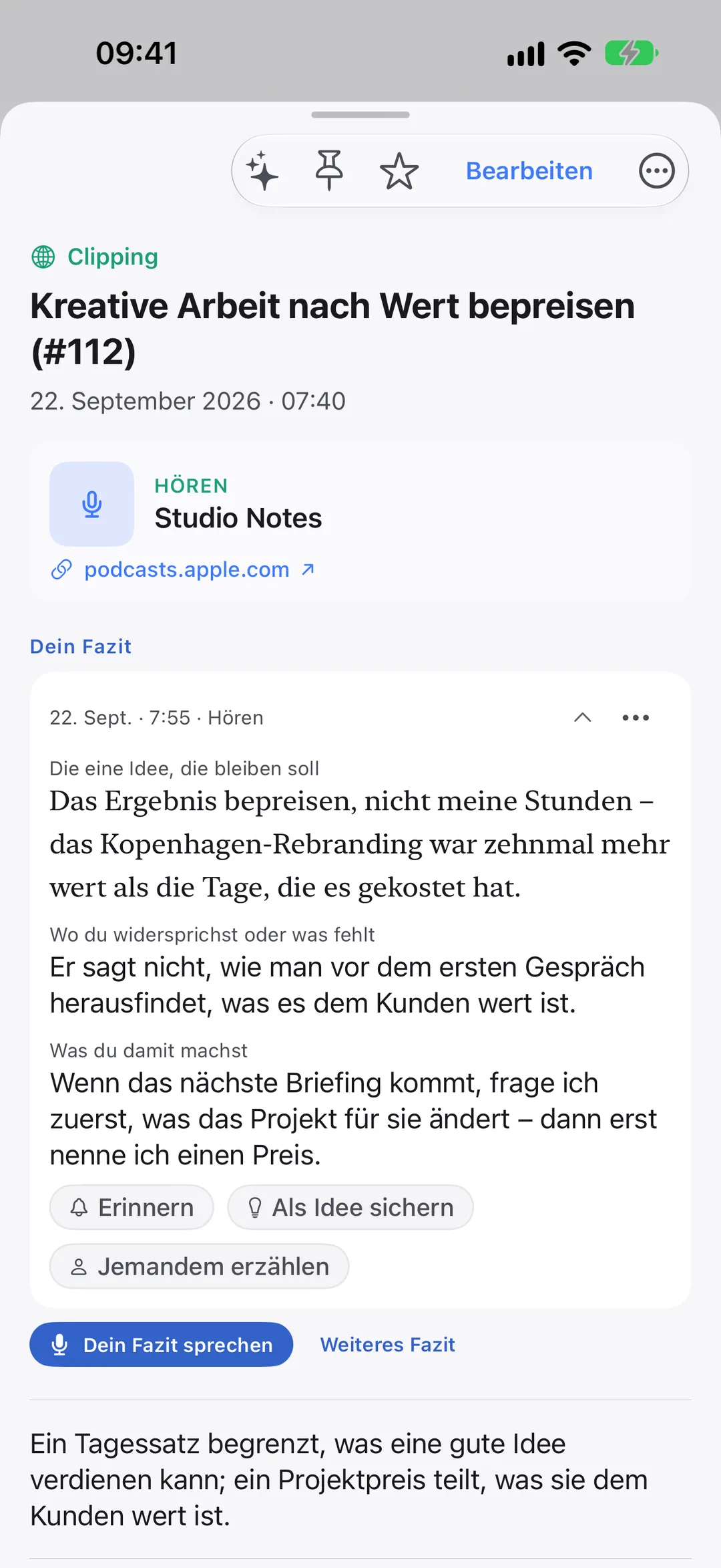 Eine geclippte Podcastfolge in Clarivio, darunter dein Fazit.