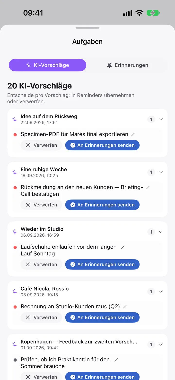 KI-Vorschläge: Aufgaben aus deinen Notizen, jede mit „Verwerfen“ oder „An Erinnerungen senden“.