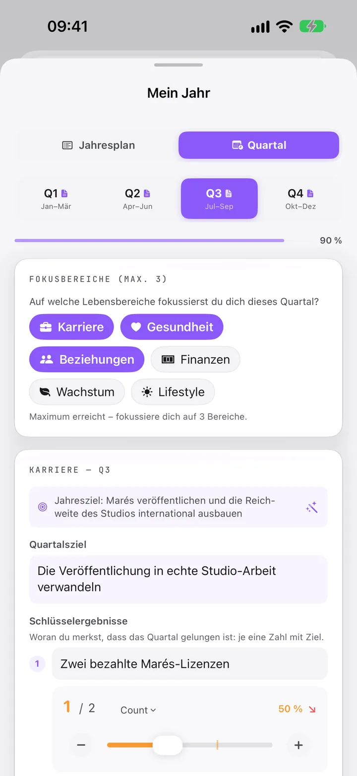 Mein Jahr, Quartal: die Fokusbereiche für Q3 und das Karriere-Quartalsziel mit seinen Schlüsselergebnissen.