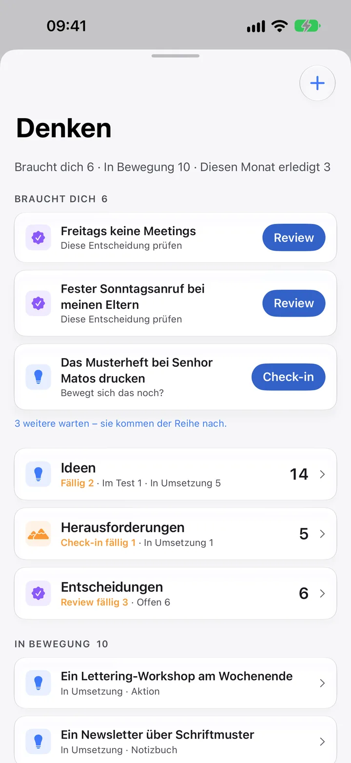 Die Startseite von „Denken“: was dich braucht, Ideen, Herausforderungen und Entscheidungen.