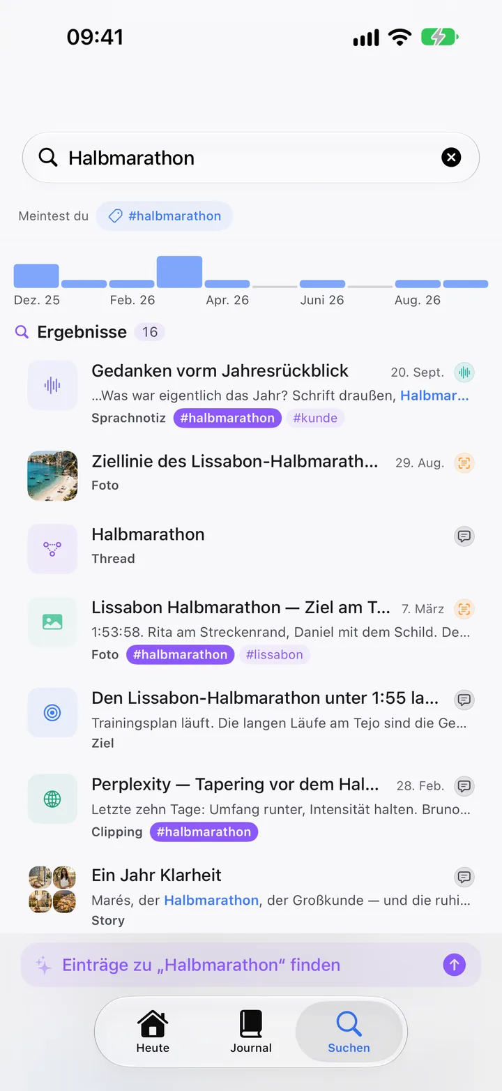Suchergebnisse für „Halbmarathon“: eine Sprachnotiz, Fotos, ein Trainingsplan als PDF, der Thread, ein Perplexity-Clip und das Ziel.