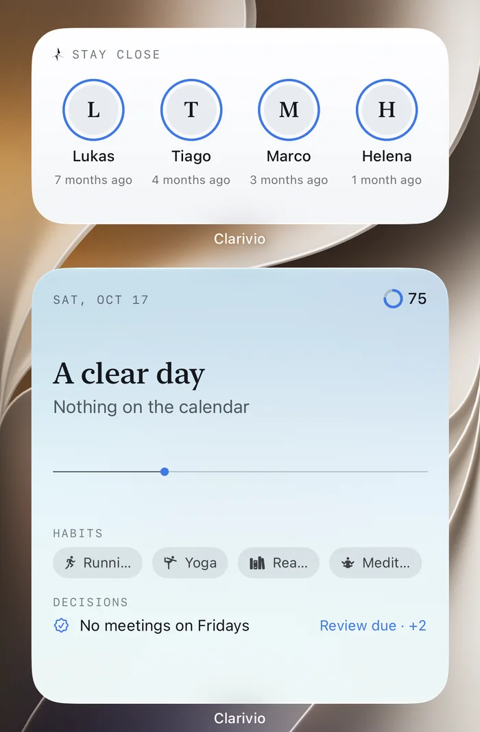 Das Widget „Nah bleiben“, mittel: vier Menschen und wie lange euer letzter Kontakt her ist, über dem Widget „Heute“.