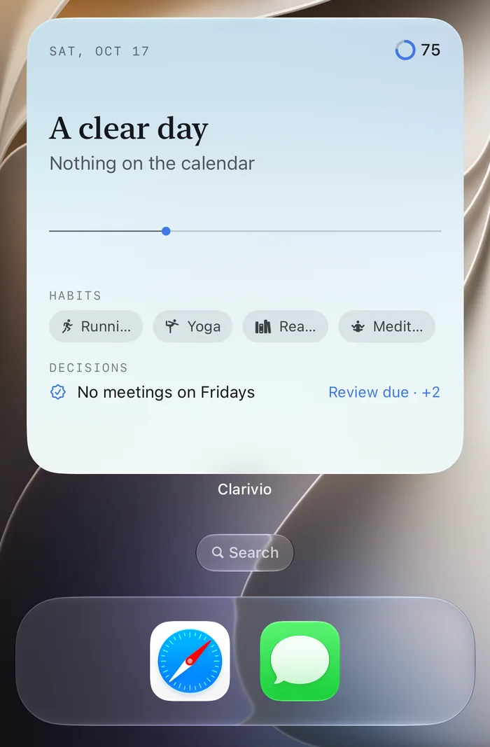 Das Widget „Heute“, groß: der Tag in einer Zeile, Bereitschaft 75, vier Gewohnheiten und eine Entscheidung, deren Review fällig ist.