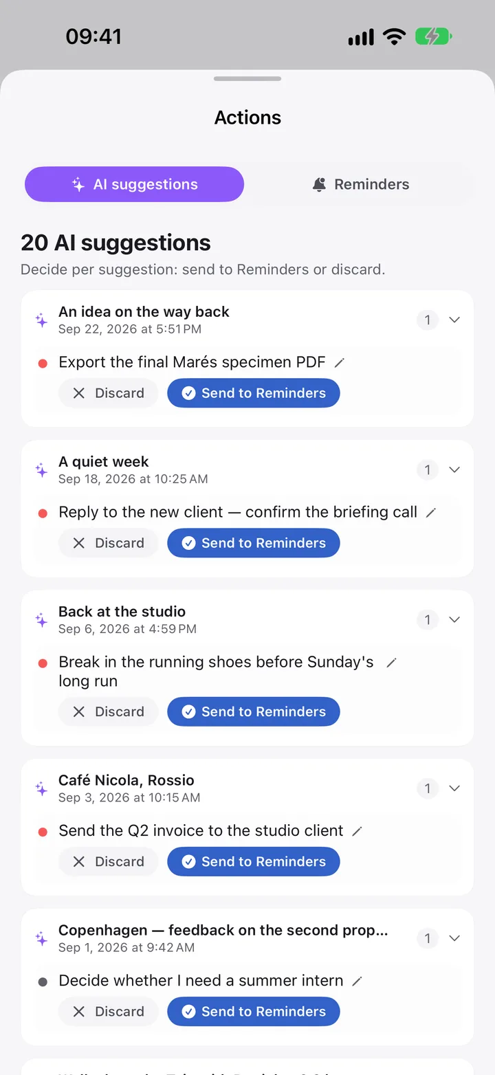 AI suggestions: tasks found in your notes, each with Discard or Send to Reminders.