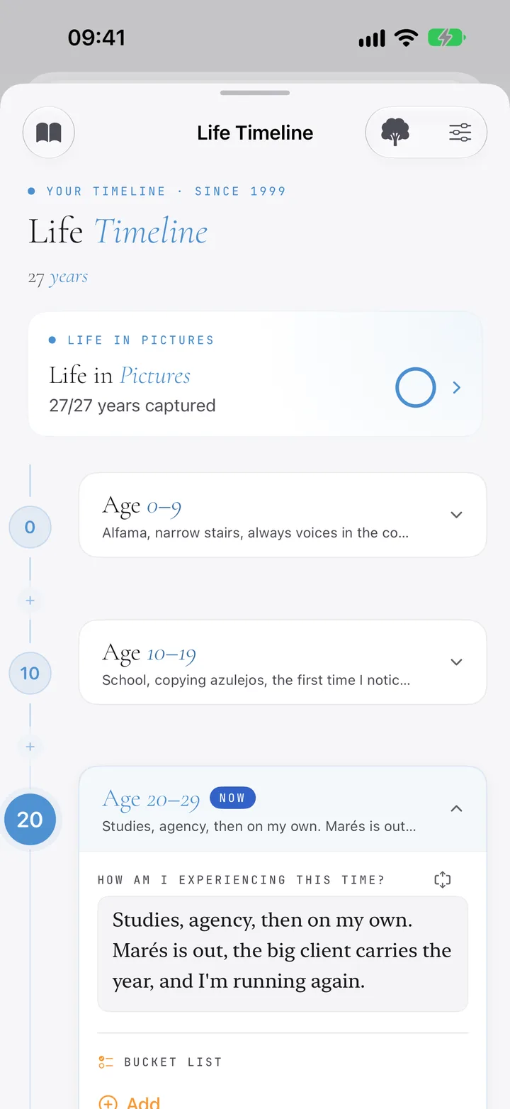 Life Timeline: decades with chapters and Life in Pictures.