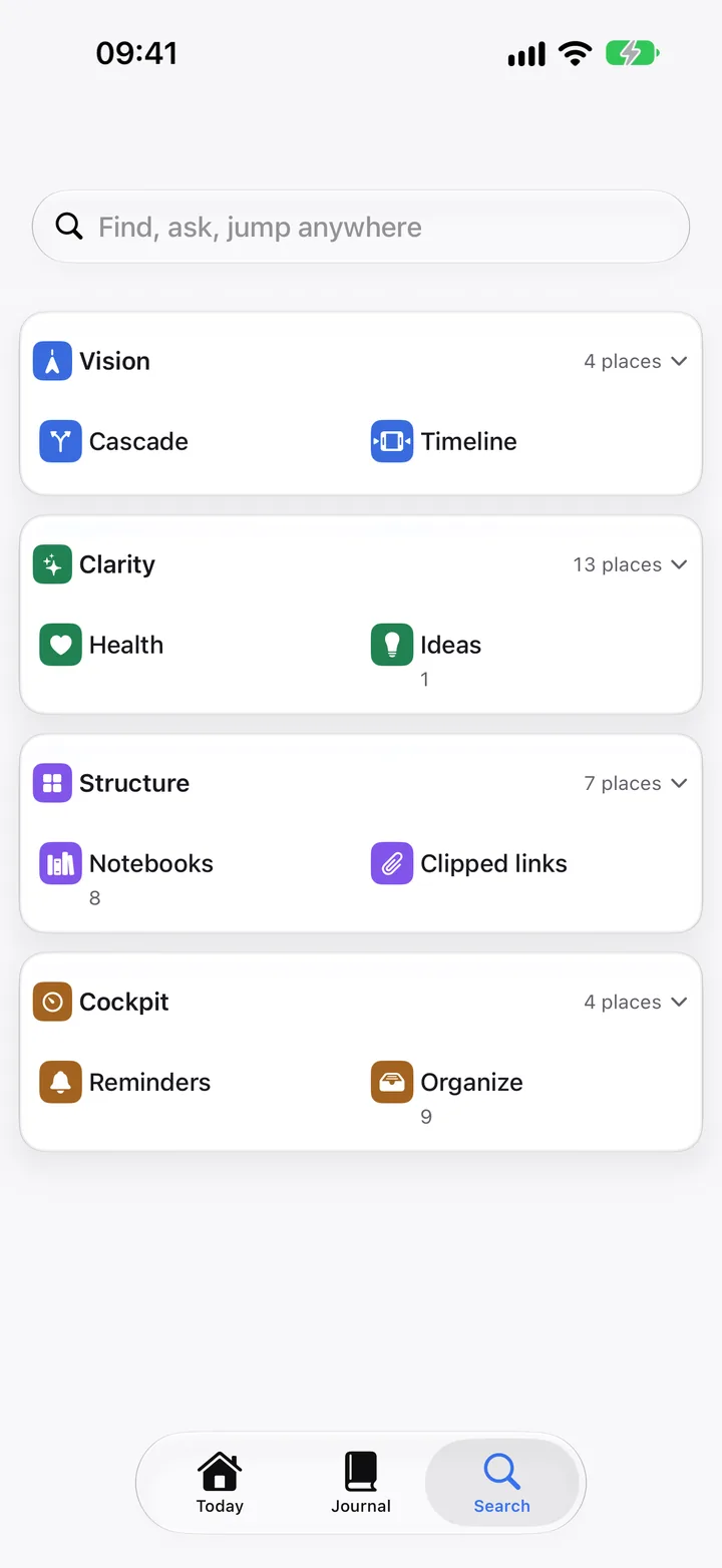 The Search tab at rest, showing the four areas of the app.