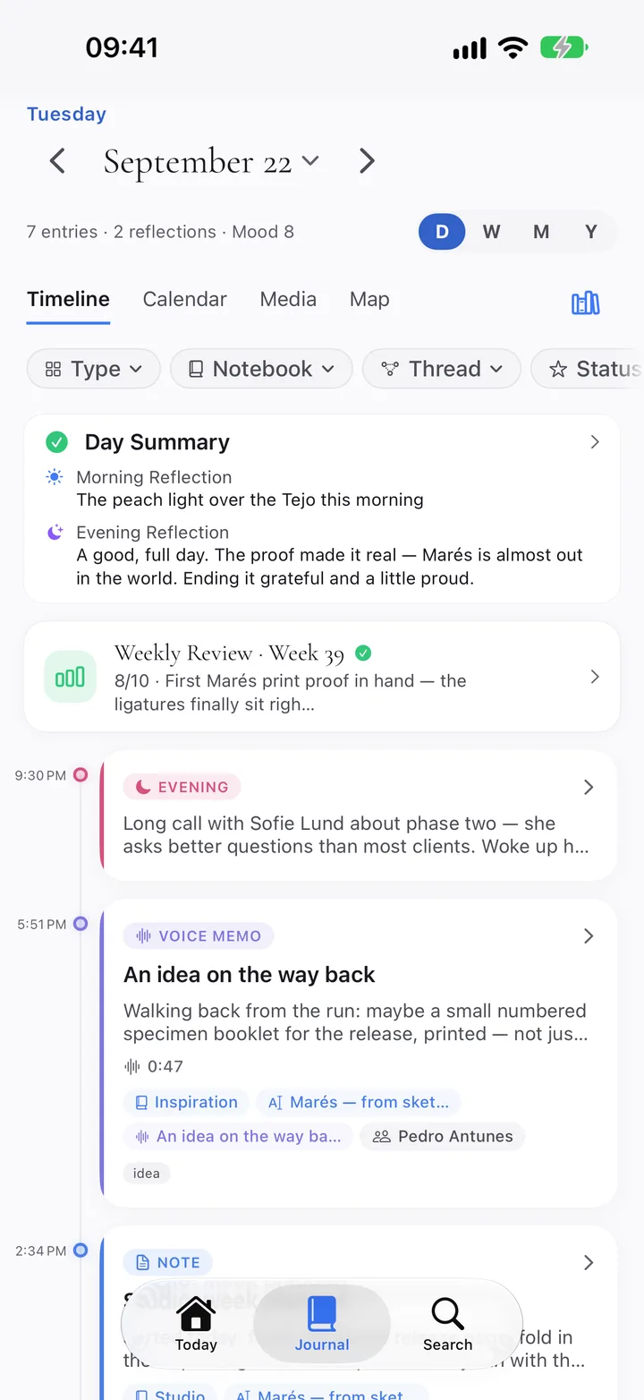 The Journal tab showing one day.