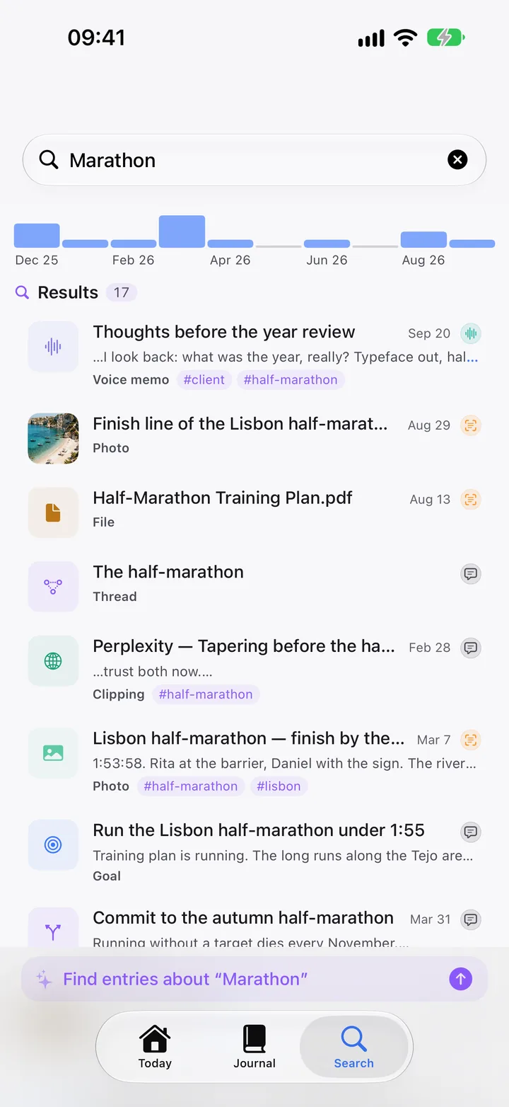 Search results for Marathon: a voice memo, photos, a training plan PDF, the thread, a Perplexity clip and the goal.